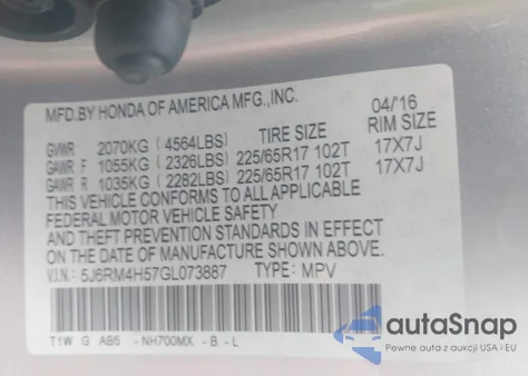 2016 Honda Cr-V Ex z USA, uszkodzony, nr VIN 5J6RM4H57GL073887